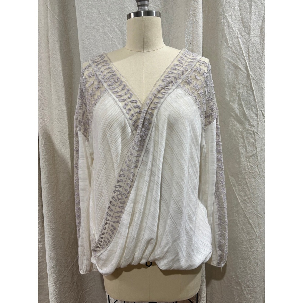 Free People Ivory Lavender Lace Embroidered Open Back Wrap Top Medium